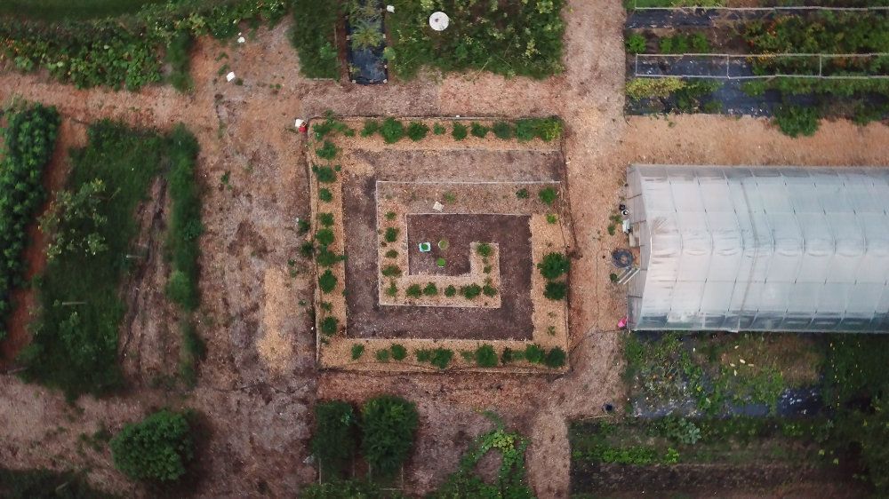 An overview, shot via drone, of the gardens, including the hoop house, blueberry maze, and strawberry patch.