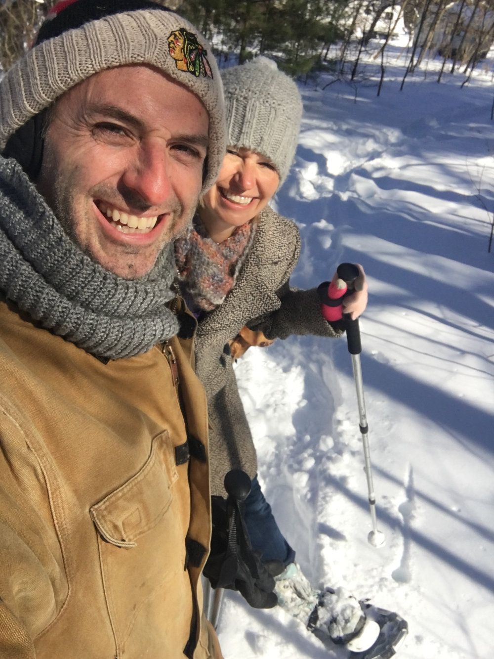Julie and Eric love to snowshoe in the winter!