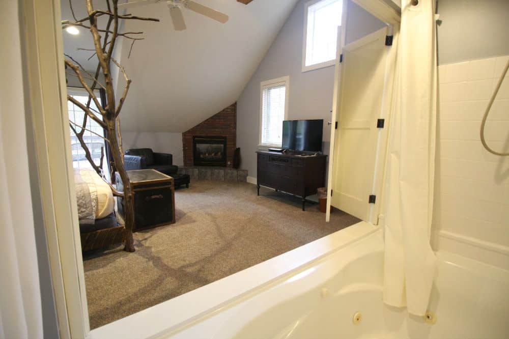 View of the American Hornbeam room through the opened jacuzzi doors. A tv, a dresser, a gas fireplace, a leather armchair, a chest, and part of the tree branch bed frame are pictured.