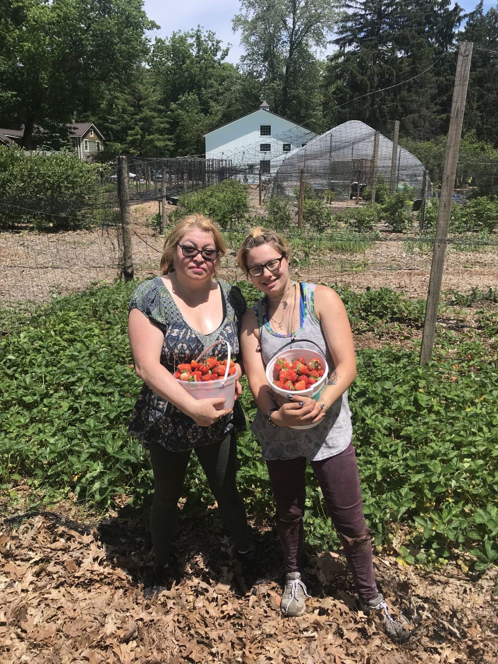 Two beautiful staff members pose for a picture while holding buckets of freshly picked strawberries