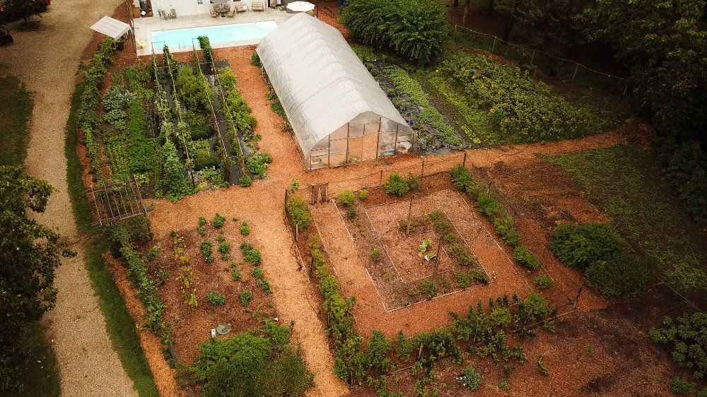 An overhead view of the gardens. This includes the hoop house, outdoor crop, "fun" field, and blueberry maze.
