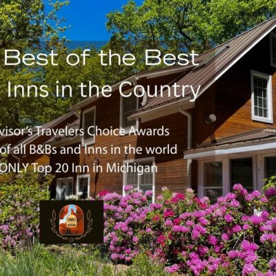 Photo of Goldberry Woods inn with words indicating 2026 Trip Advisor award for Best of the Best (one of top 20 properties in the US and #1 in Michigan),