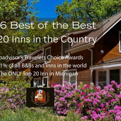 Photo of Goldberry Woods inn with words indicating 2026 Trip Advisor award for Best of the Best (one of top 20 properties in the US and #1 in Michigan),