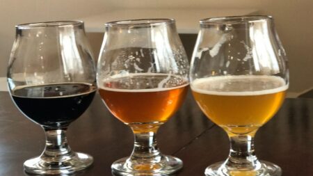 trio of beer in tasting glasses at beer church in michigan