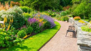 a path and bench in a botanical garden surrounded by floral varieties and shrubs on either side.