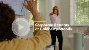 A woman presenter pointing at a team member with their hand up. Text overlay Corporate Retreats at Goldberry Woods