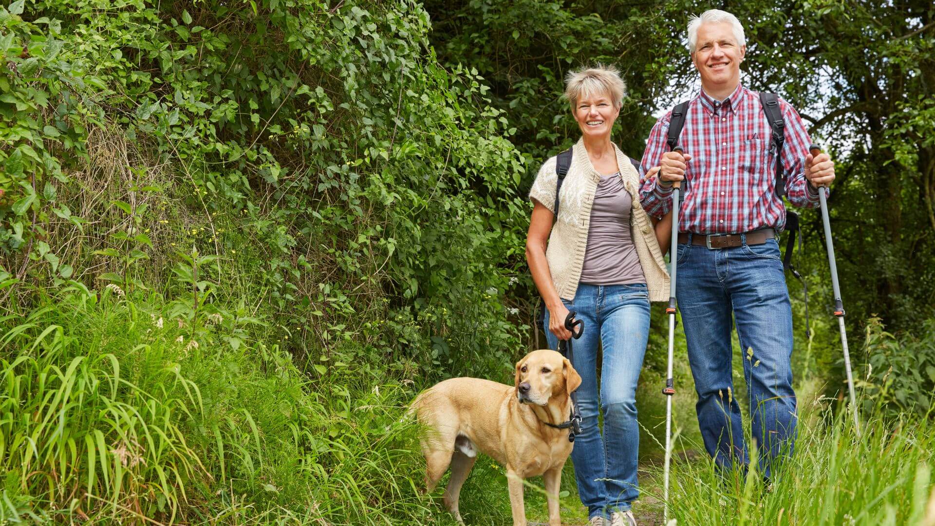 senior couple hiking a nature trail with their dog