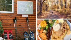 goldberry woods welcome sign outside check-in with snow shoes and poles, person hiking autumn nature trail, hearty breakfast at goldberry woods, including belgian waffle with apple compote, butter, and whipped cream, sausage links, and salad