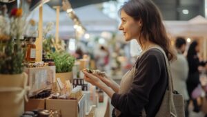 woman shopping at an indoor artisan market