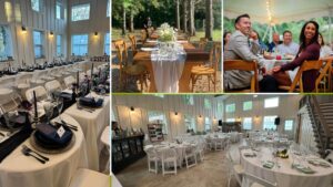 collage of various reception table setting options for a wedding at goldberry woods