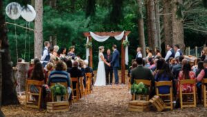 bride and groom standing under a decorated archway in the pine grove at goldberry woods with their attendants, friends and family