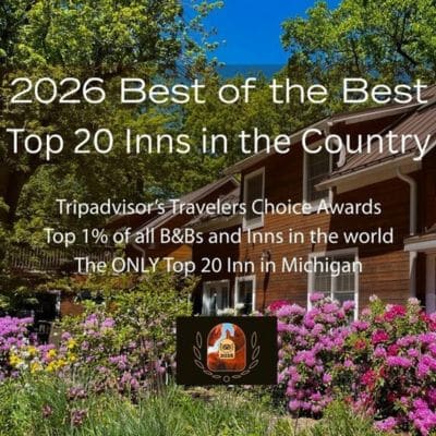 Photo of Goldberry Woods inn with words indicating 2026 Trip Advisor award for Best of the Best (one of top 20 properties in the US and #1 in Michigan),