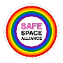 Circular rainbow badge with the text 'Safe Space Alliance' in the center.