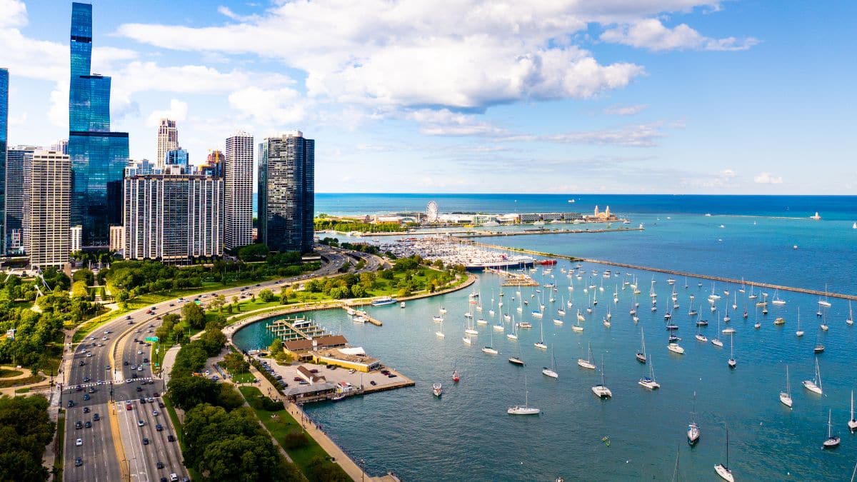 Aerial view of the Chicago lakefront and marinas before a weekend getaway to Michigan
