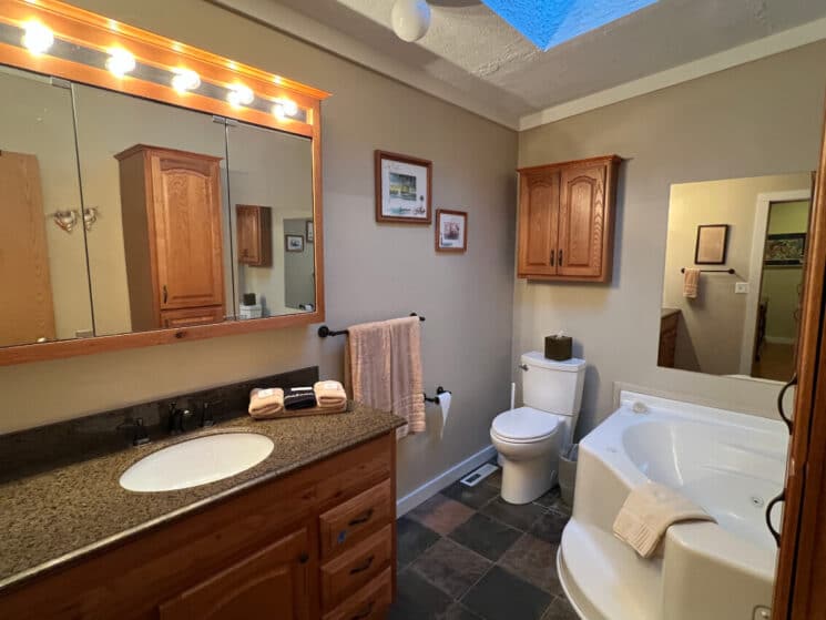 A bathroom with granite vanity and single sink, toilet, and jetted tub.