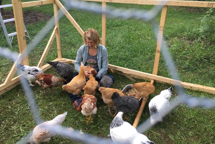 A woman sitting in a wooden pen full of chickens