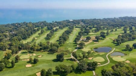 Golf course green overlooking Lake Michigan