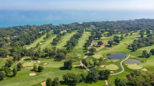 Golf course green overlooking Lake Michigan