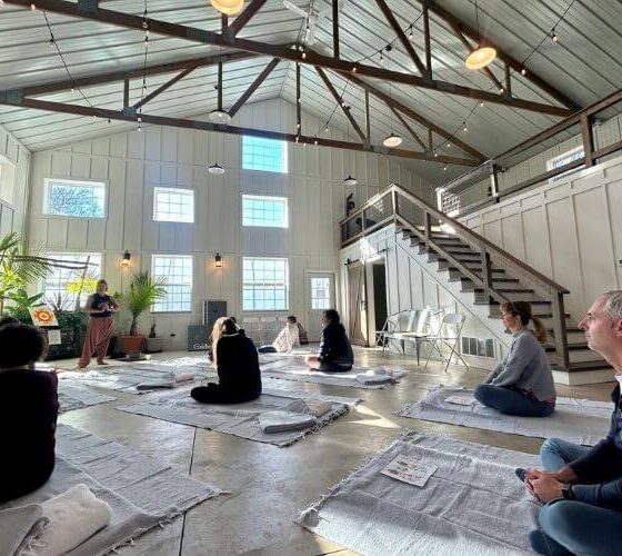 group of people sitting on floor on mats in large room doing exercises