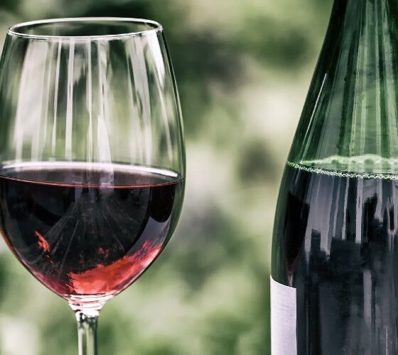 A glass of red wine next to a bottle of wine