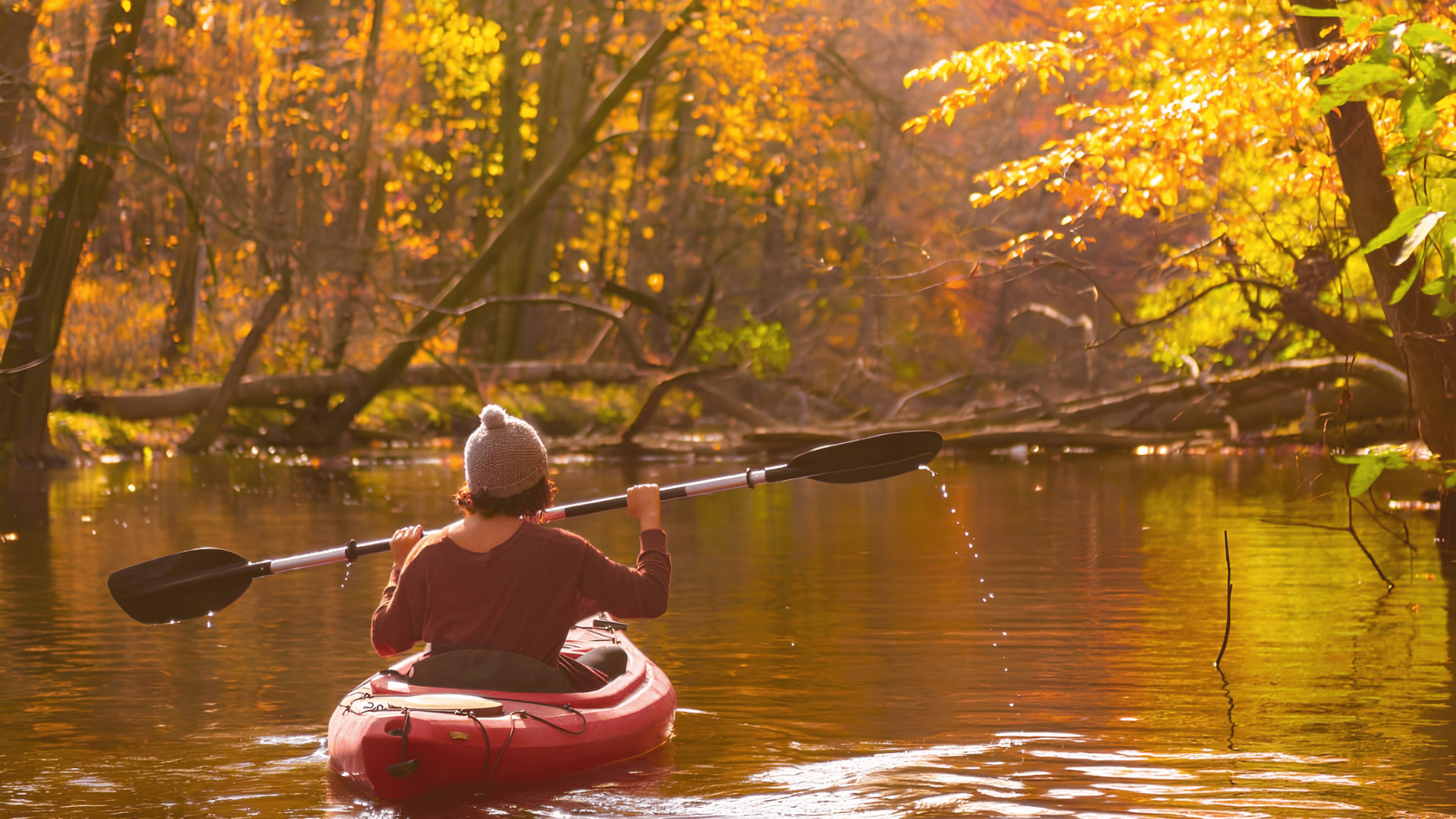 Woman kayaking on the Galien River at Goldberry Woods
